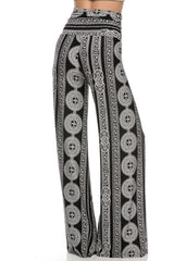 Niobe Clothing High Waist Foldover Boho Palazzo Pants (Black White Medallion) - pants