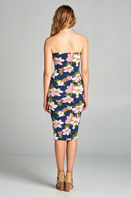 DNA Navy/Pink Balloon Flower Print Strapless Bodycon Mini Tube Dress - Dresses f_dresses