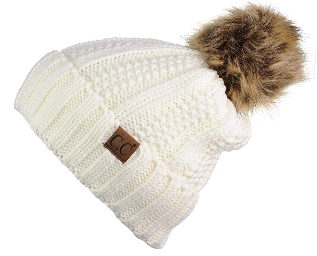 Faux-Fur Pom Fleece-Lined Knit Beanie