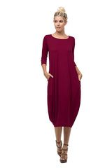 3/4 Sleeve Bubble Hem Pocket Midi Dress with Pockets dress- Niobe Clothing