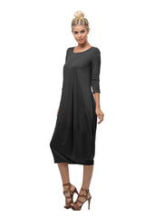 3/4 Sleeve Bubble Hem Pocket Midi Dress with Pockets dress- Niobe Clothing