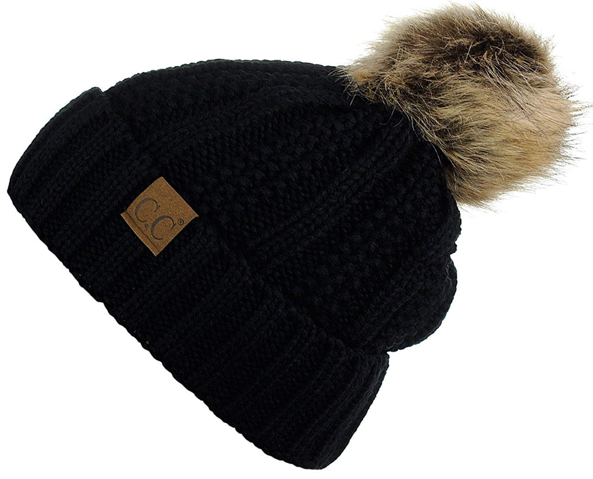 Faux-Fur Pom Fleece-Lined Knit Beanie