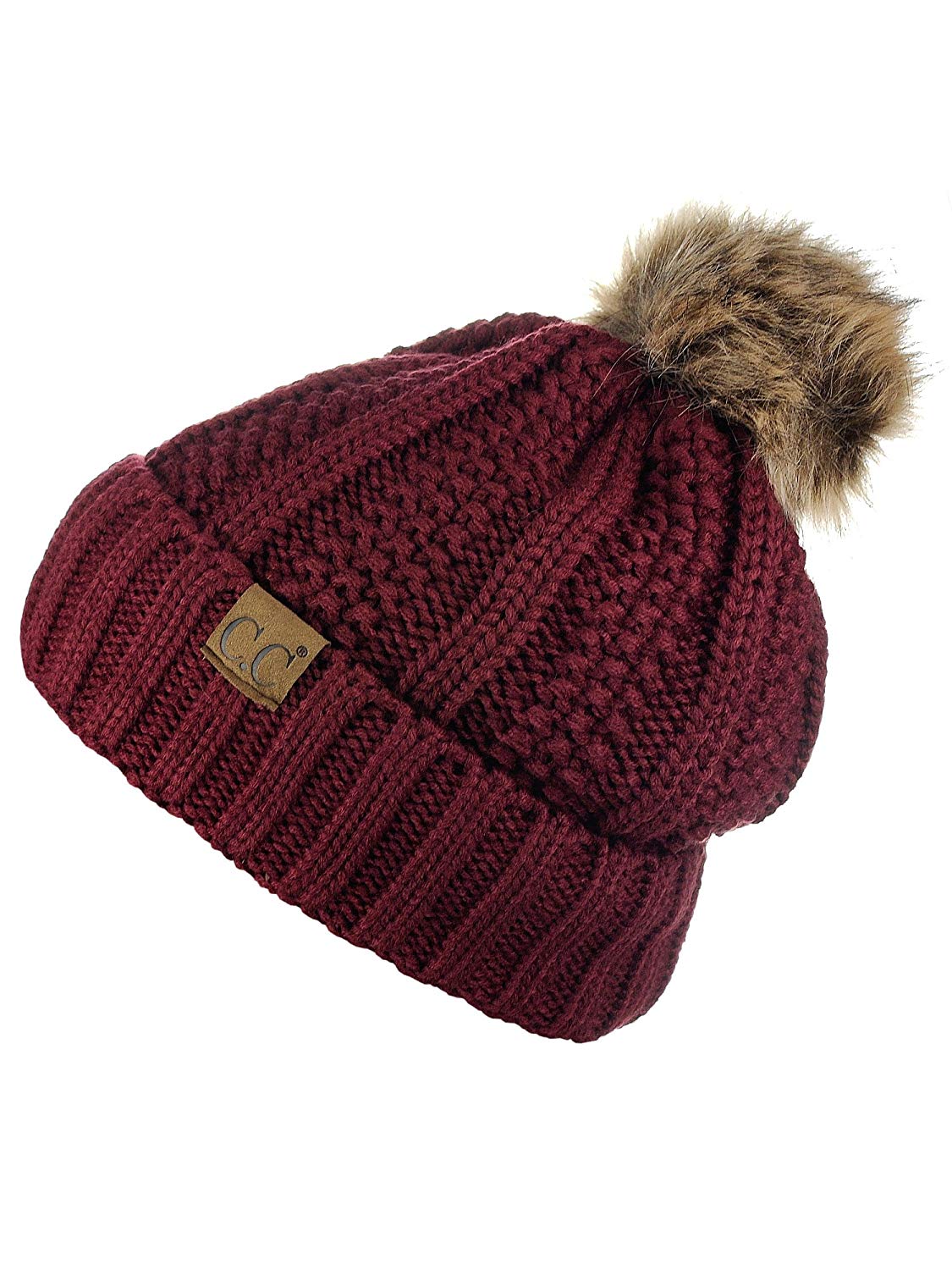 Faux-Fur Pom Fleece-Lined Knit Beanie