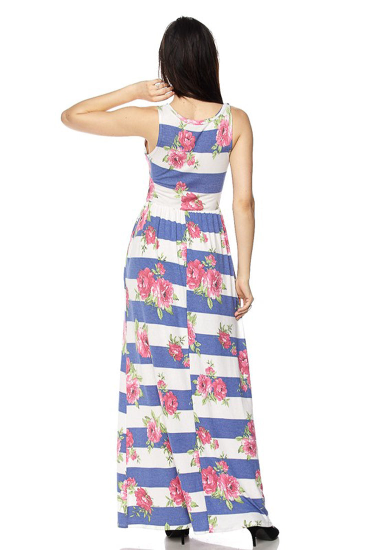 Niobe Clothing Blue Stripe Floral Maxi Dress - Dresses f_dresses