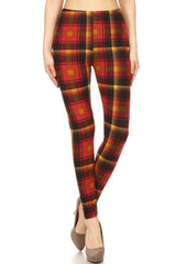 Red Sun Plaid Design Leggings leggings- Niobe Clothing