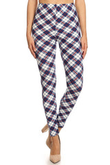 Navy White Plaid Design Leggings leggings- Niobe Clothing