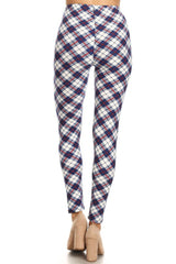 Navy White Plaid Design Leggings leggings- Niobe Clothing