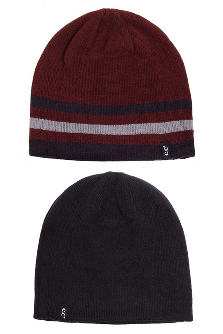 Striped-Trim Reversible Knit Beanie