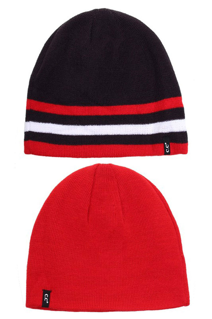 Striped-Trim Reversible Knit Beanie