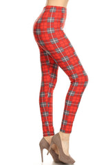 Red Grey Checkered Plaid Design Leggings leggings- Niobe Clothing
