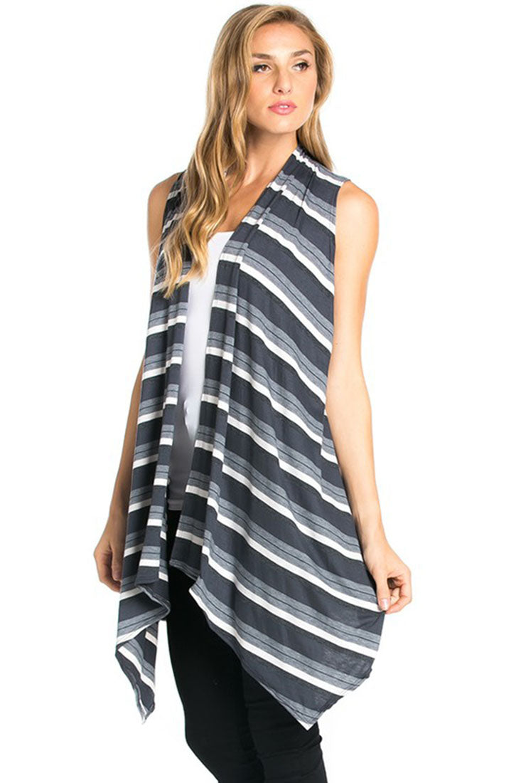 Niobe Clothing Sleeveless Asymmetric Hem Open Front Cardigan in Grey Mix - f_outerwear