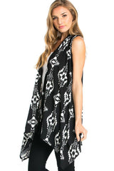 Niobe Clothing Patterned Sleeveless Asymmetric Hem Open Front Cardigan (Black Tribal Aztec) - Cardigans