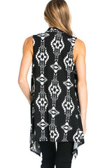 Niobe Clothing Patterned Sleeveless Asymmetric Hem Open Front Cardigan (Black Tribal Aztec) - Cardigans