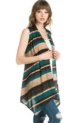Niobe Clothing Patterned Sleeveless Asymmetric Hem Open Front Cardigan (Vintage Stripe) - Cardigans