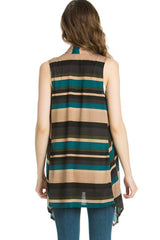 Niobe Clothing Patterned Sleeveless Asymmetric Hem Open Front Cardigan (Vintage Stripe) - Cardigans