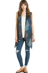 Niobe Clothing Patterned Sleeveless Asymmetric Hem Open Front Cardigan (Peacock Prism) - Cardigans