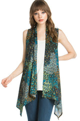 Niobe Clothing Patterned Sleeveless Asymmetric Hem Open Front Cardigan (Peahen Prism) - Cardigans