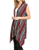 Niobe Clothing Patterned Sleeveless Asymmetric Hem Open Front Cardigan (Floral Stripe) - Cardigans
