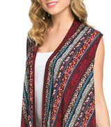 Niobe Clothing Patterned Sleeveless Asymmetric Hem Open Front Cardigan (Floral Stripe) - Cardigans