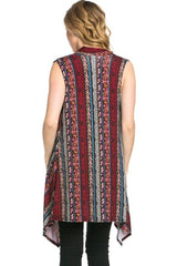 Niobe Clothing Patterned Sleeveless Asymmetric Hem Open Front Cardigan (Floral Stripe) - Cardigans