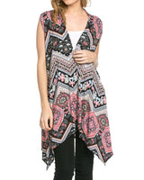 Niobe Clothing Patterned Sleeveless Asymmetric Hem Open Front Cardigan (Floral Zig Zag) - Cardigans