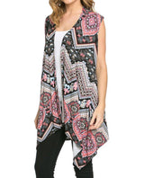 Niobe Clothing Patterned Sleeveless Asymmetric Hem Open Front Cardigan (Floral Zig Zag) - Cardigans