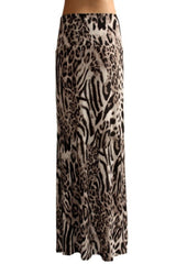 Niobe Clothing Animal Print Striped Full Length Banded Waist Foldover Maxi Skirt (White Tiger) - Skirts
