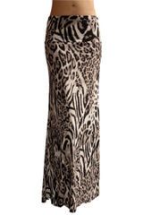 Niobe Clothing Animal Print Striped Full Length Banded Waist Foldover Maxi Skirt (White Tiger) - Skirts