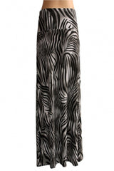 Niobe Clothing Animal Print Striped Full Length Banded Waist Foldover Maxi Skirt (Striped Grey Tiger) - Skirts