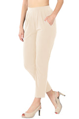 Pleated High Rise Elastic Waist Ankle Pants w/ Pockets