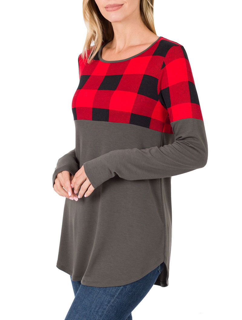 Zenana Plaid Colorblock Long Sleeve Shirt - Tunics sb_tops