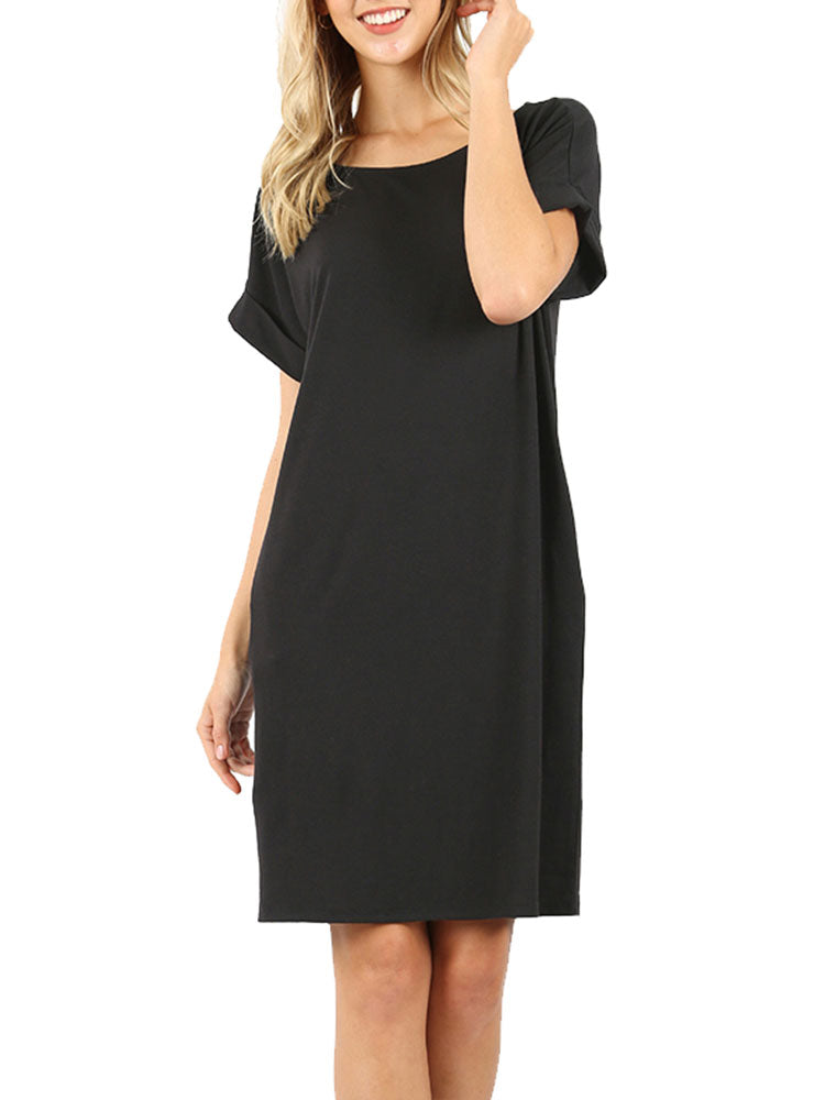 Zenana Rolled Short Sleeve Loose Tunic Shirt Dress - Tunics sb_dresses