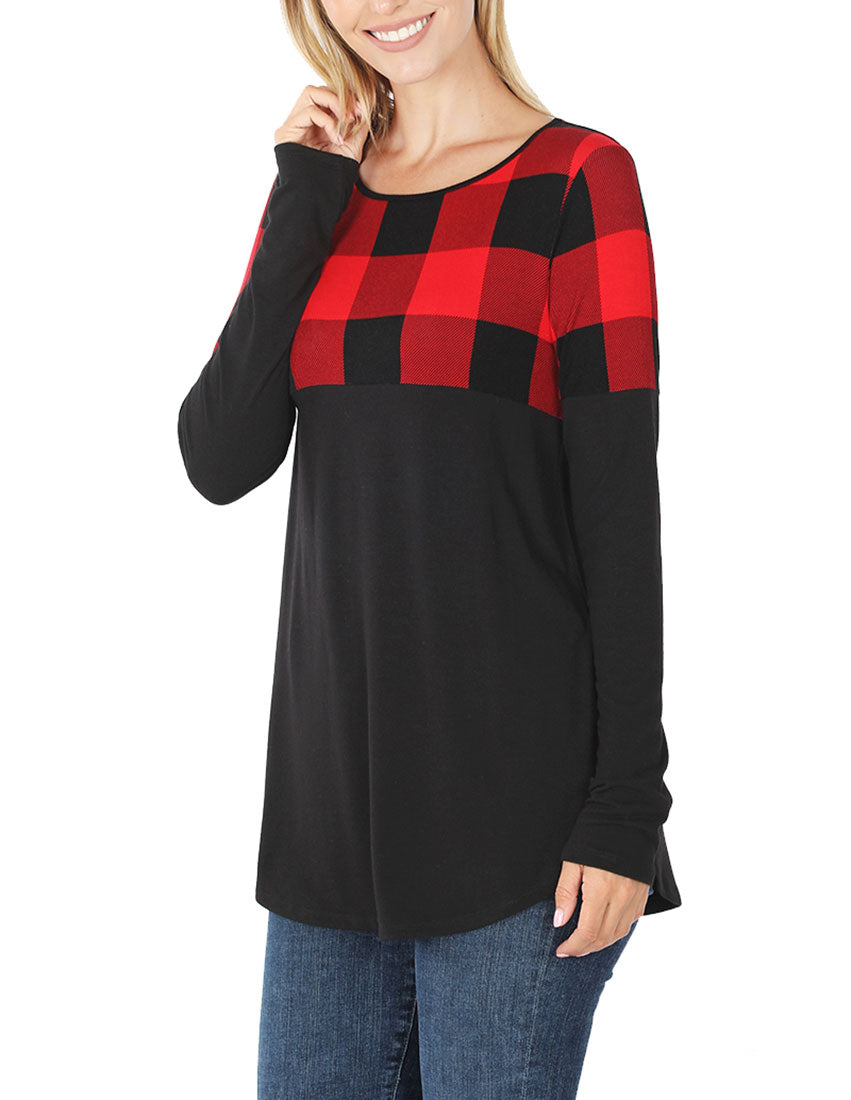 Zenana Plaid Colorblock Long Sleeve Shirt - Tunics sb_tops