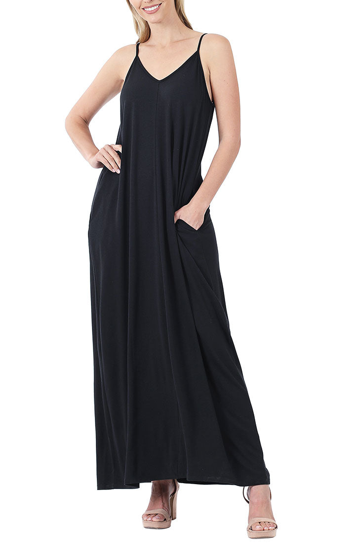 Zenana V-Neck Cami Spaghetti Strap Maxi Dress - Dresses sb_dresses