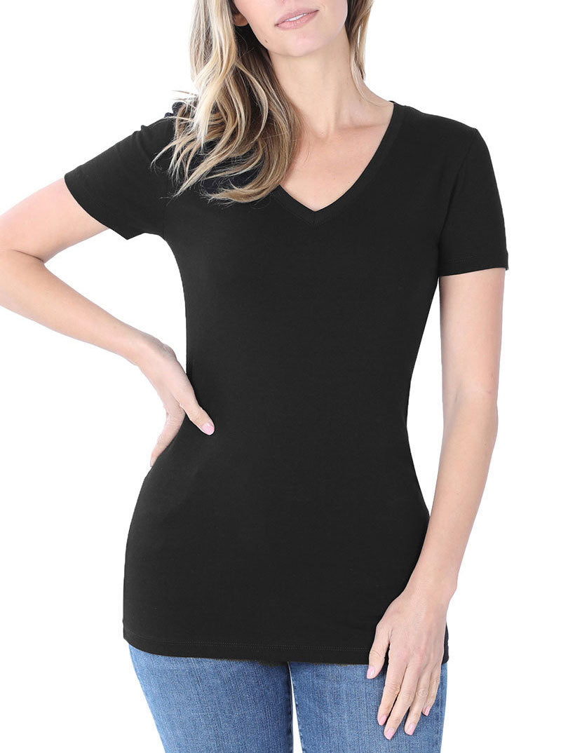 Zenana Cotton V-Neck Short Sleeve Long Tee Shirt - Shirts sb_tops