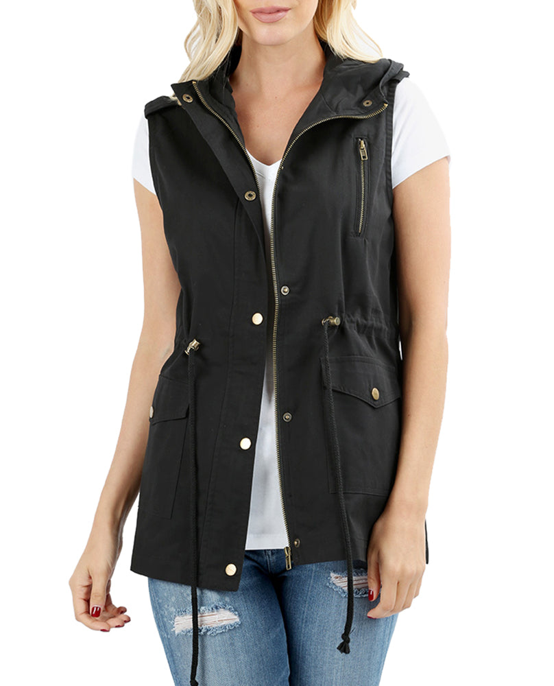 Zenana Sleeveless Utility Hoodie Military Vest - Vests sb_outerwear
