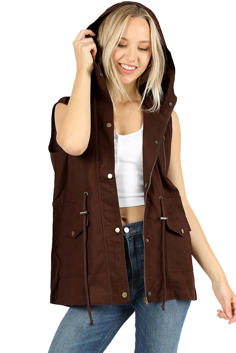 Zenana Sleeveless Utility Hoodie Military Vest - Vests sb_outerwear
