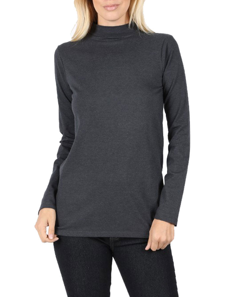 Zenana Cotton Long Sleeve Mock Neck - Shirts sb_tops