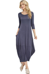 3/4 Sleeve Bubble Hem Pocket Midi Dress with Pockets dress- Niobe Clothing