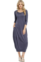 3/4 Sleeve Bubble Hem Pocket Midi Dress with Pockets dress- Niobe Clothing