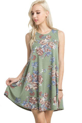 Knit Sleeveless T-shirt Dress in Olive Floral dress- Niobe Clothing