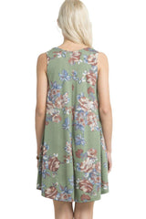 Knit Sleeveless T-shirt Dress in Olive Floral dress- Niobe Clothing