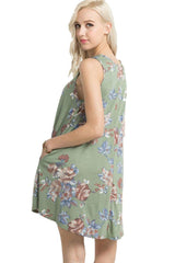 Knit Sleeveless T-shirt Dress in Olive Floral dress- Niobe Clothing