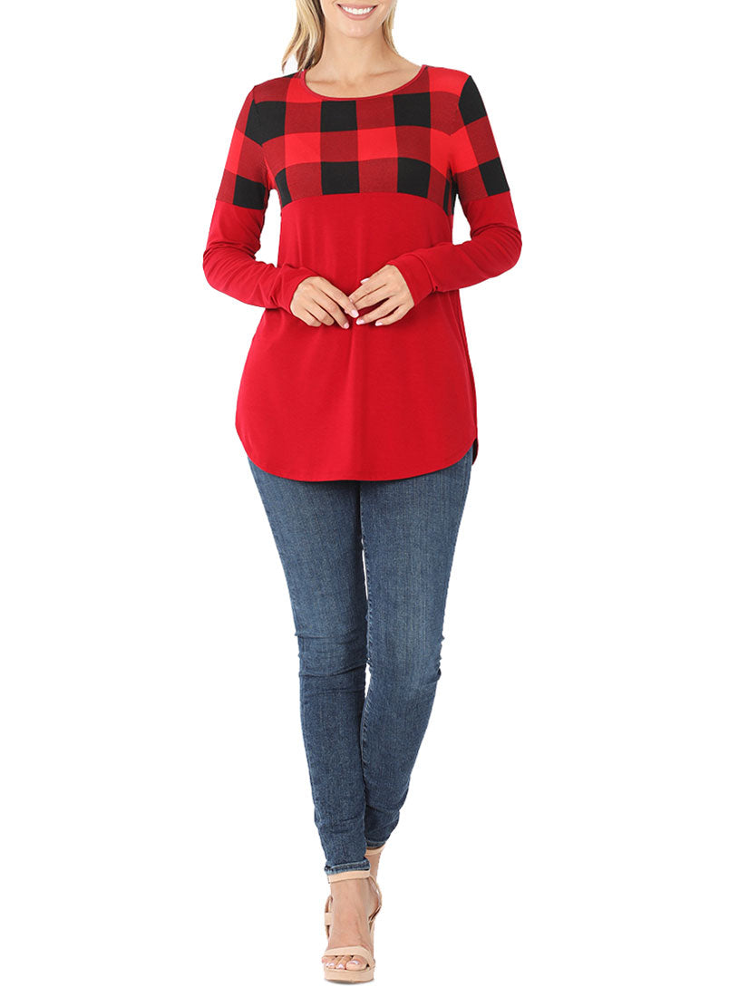 Zenana Plaid Colorblock Long Sleeve Shirt - Tunics sb_tops