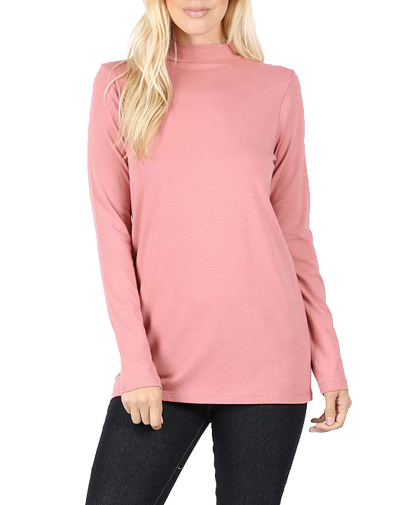 Zenana Cotton Long Sleeve Mock Neck - Shirts sb_tops