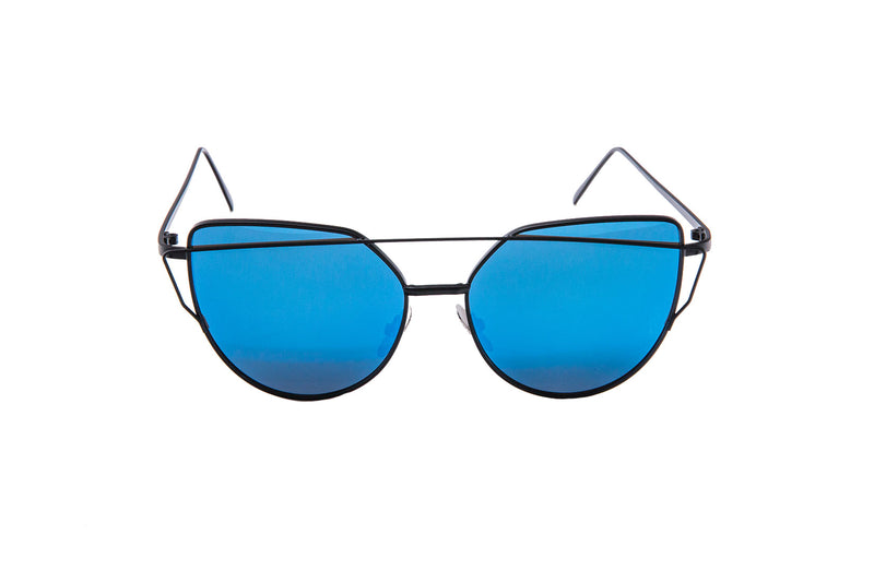Mirrored "Samantha" Flat Lens Strikethrough Cat Eye Sunglasses in Black Frame Sunglasses- Niobe Clothing