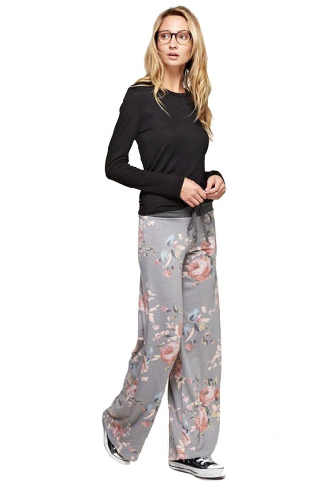12Pm Mon Ami Floral Rose Casual Lounge Pants in Grey - f_bottoms