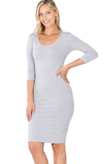 Cotton 3/4 Sleeve Bodycon Fitted Knee Length Midi Dress