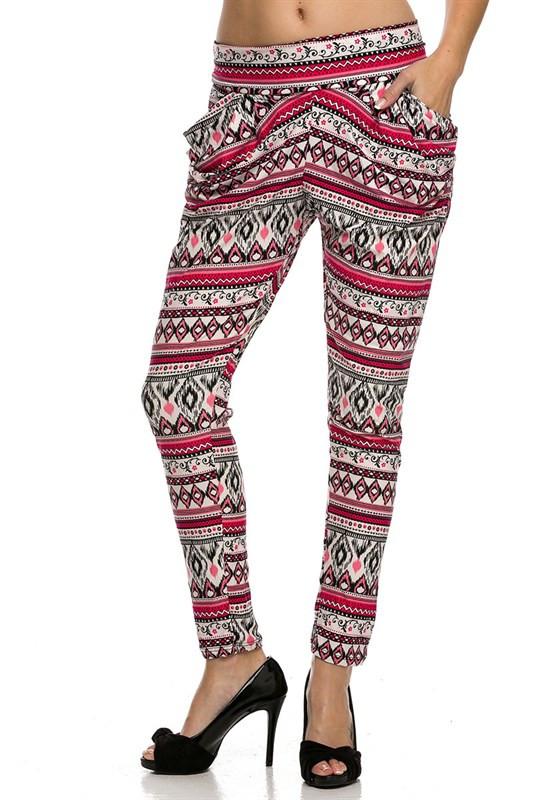 Niobe Clothing Printed Harem Pant with Side Pockets (Hot Pink) - pants
