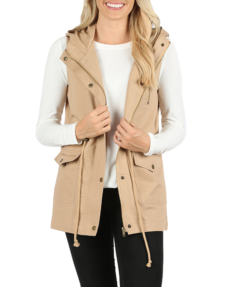 Zenana Sleeveless Utility Hoodie Military Vest - Vests sb_outerwear